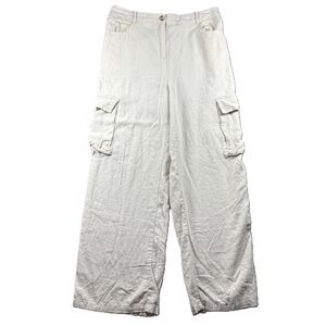 Happily Grey Women Linen Cargo Pants Wide Leg Coastal Beachy Oatmeal XL M153